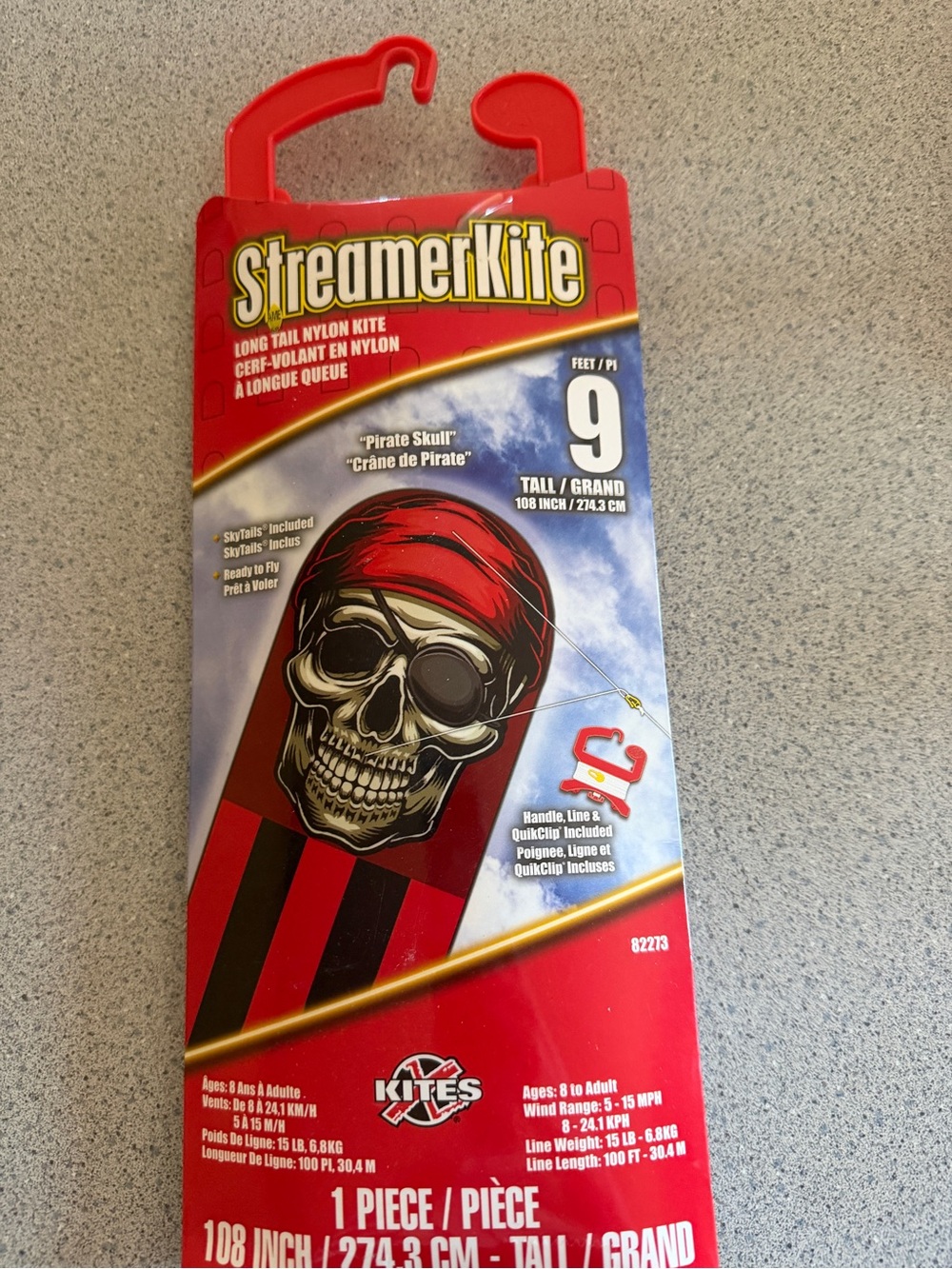 New StreamerKite Pirate Skull Red Black 9' SkyTails Long Tail Nylon Kite Kit